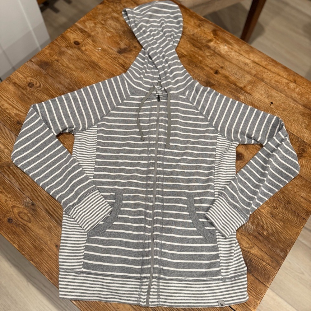 Eddie Bauer Gray & White Contrast Stripe Full Zip Pockets Hoodie WM's Small EUC